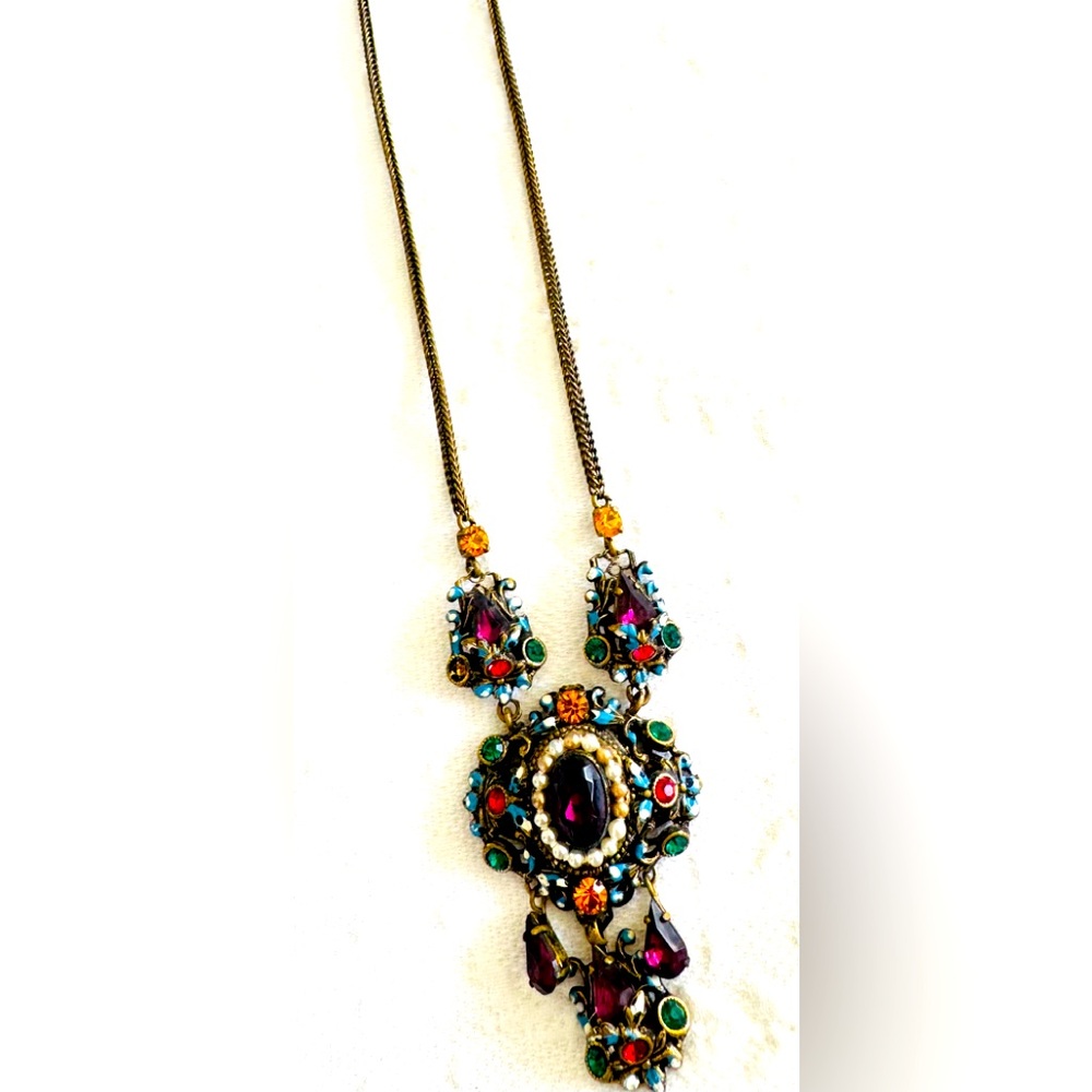 Elegant deco Multicolor  Necklace, enamel, rhinestone, filigree, Downton , regal
